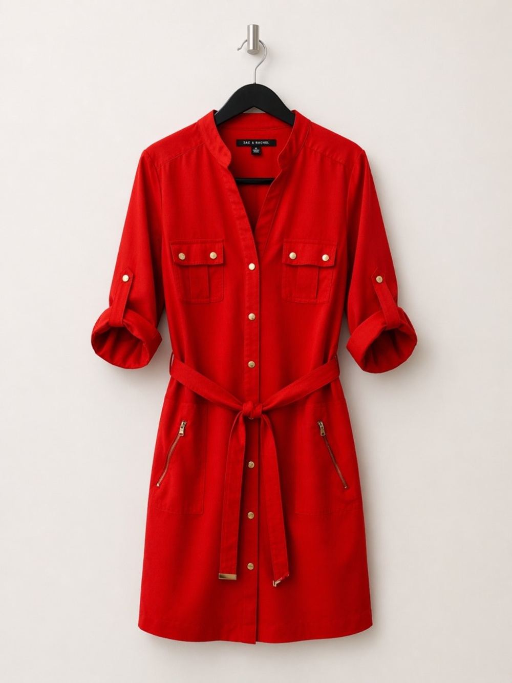 Zac & Rachel Red Utility Shirt Dress Small Gold Button Belted Size 6